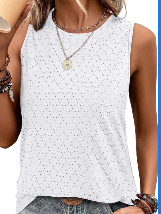 Sampeel Tops - Women's Sleeveless Crewneck Eyelet Tank Top in White. XXL